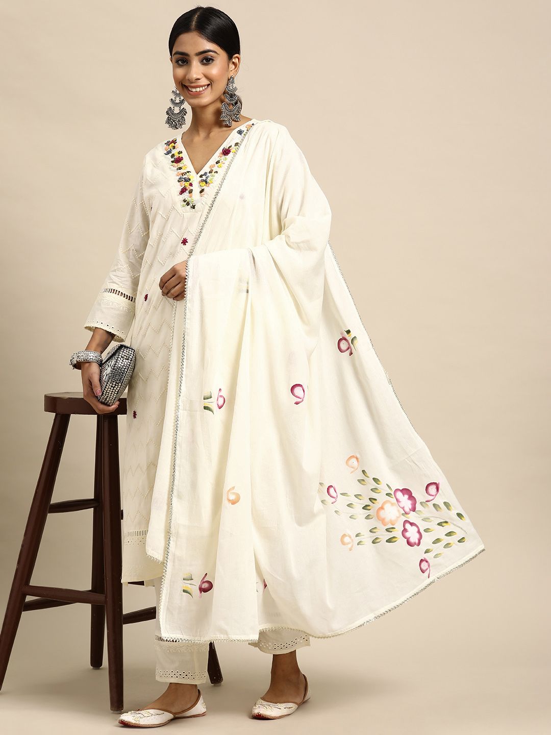 Sangria Women Embroidered Thread Work Pure Cotton Kurta with Trousers & With Dupatta - Distacart