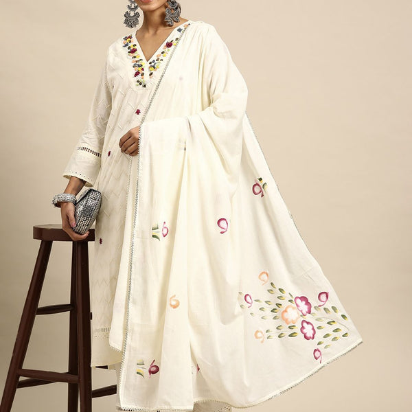 Sangria Women Embroidered Thread Work Pure Cotton Kurta with Trousers & With Dupatta - Distacart