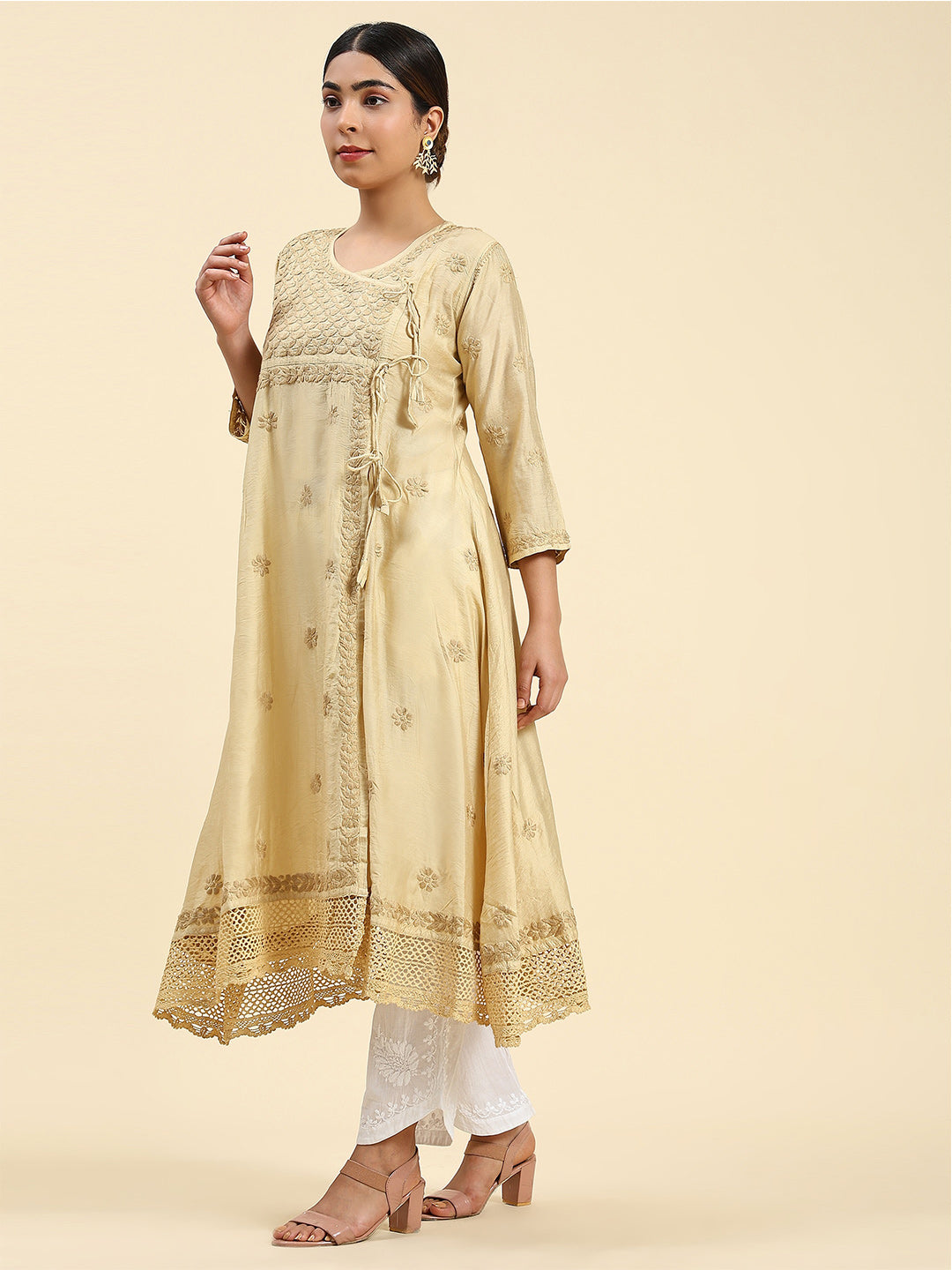 HOUSE OF KARI Embroidered Chikankari Chanderi Silk Anarkali Kurta - Distacart