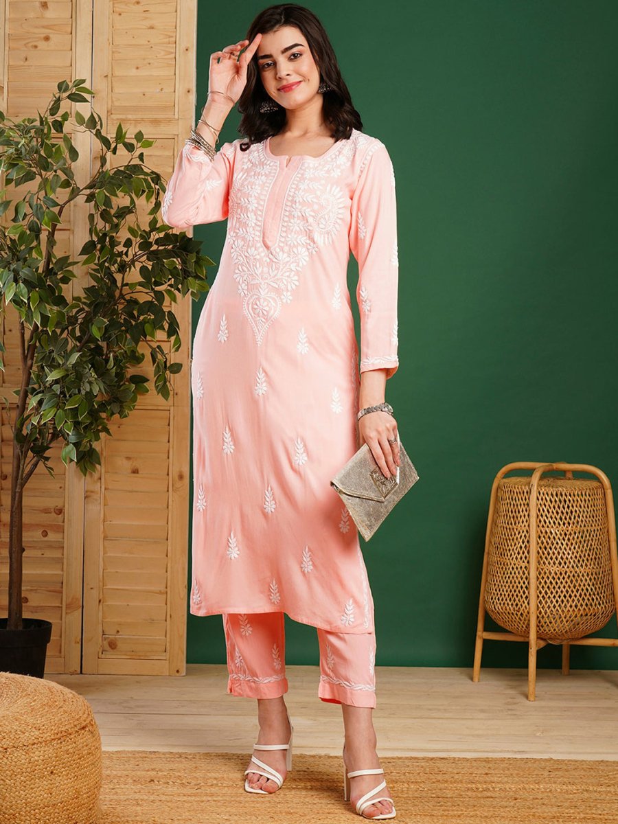 ADA Ethnic Motifs Embroidered Chikankari Kurta with Trousers - Distacart