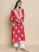 Thumbnail for HOUSE OF KARI Floral Chikankari Embroidered Notched Round Neck Straight Kurta - Distacart