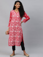 Thumbnail for ADA Women Carrot Pink & White Floral Hand Embroidered Chikankari Handloom Kurta & Matching slip - Distacart
