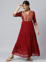 Thumbnail for AURELIA Maroon & Gold Printed Ethnic Motifs Maxi Dress