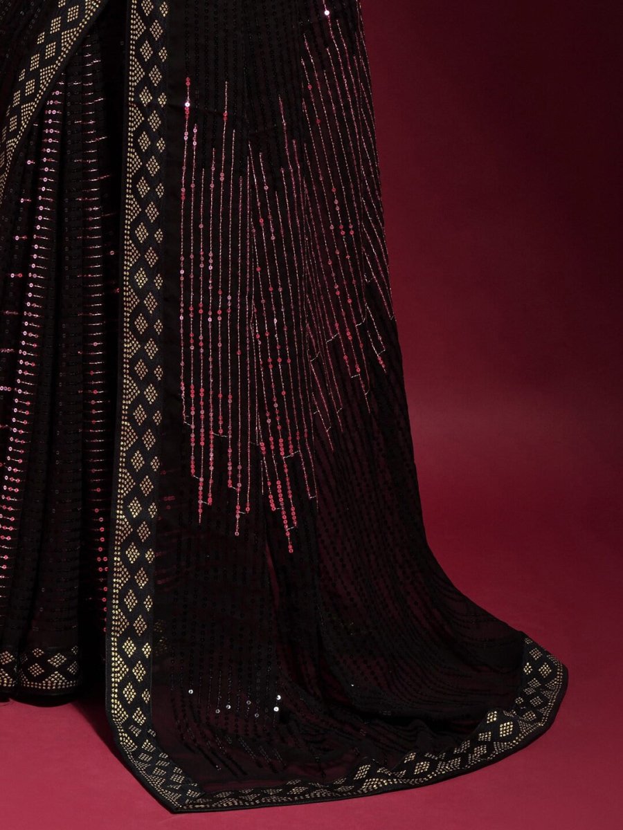 Anouk Black & Pink Embellished Sequinned Pure Georgette Saree - Distacart