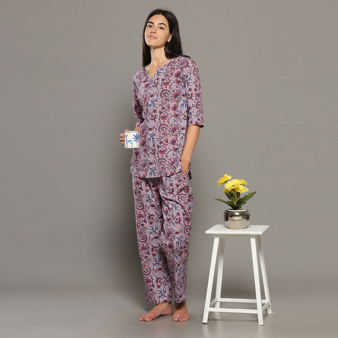 Breathables Women Cotton Printed Loungewear Kurta And Pants Co-Ord Set Pink I Night Wear | Floral Print - Dista