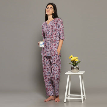 Breathables Women Cotton Printed Loungewear Kurta And Pants Co-Ord Set Pink I Night Wear | Floral Print - Dista