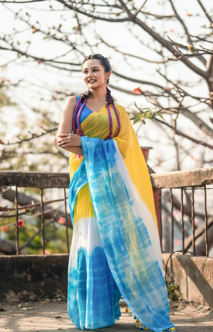 Exclusive Collection Yellow Blue Beautiful Super Soft Most Comfortable Pure Mul Cotton Saree