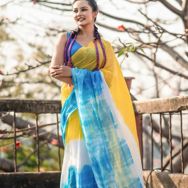 Exclusive Collection Yellow Blue Beautiful Super Soft Most Comfortable Pure Mul Cotton Saree