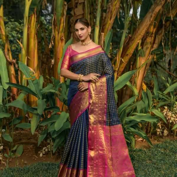 Jyoti Fashion Women's Navy Blue Kanjivaram Silk Zari Woven Saree with Blouse - Distacart