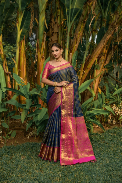 Jyoti Fashion Women's Navy Blue Kanjivaram Silk Zari Woven Saree with Blouse - Distacart