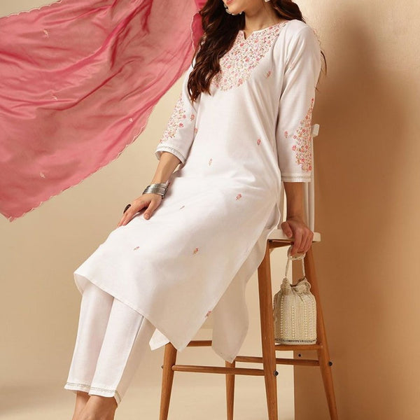 Anouk Floral Embroidered Yoke Design Notch neck Thread Work Kurta with Trousers & Dupatta - Distacart