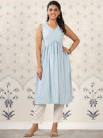 Thumbnail for Ode by House of Pataudi Blue Geometric Printed A-Line Kurta - Distacart