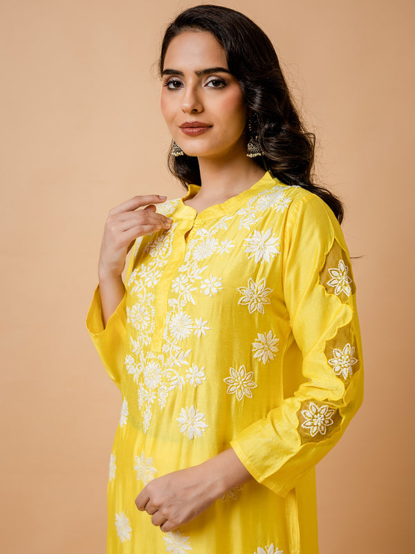HOUSE OF KARI Floral Embroidered Chanderi Silk Chikankari Kurta - Distacart