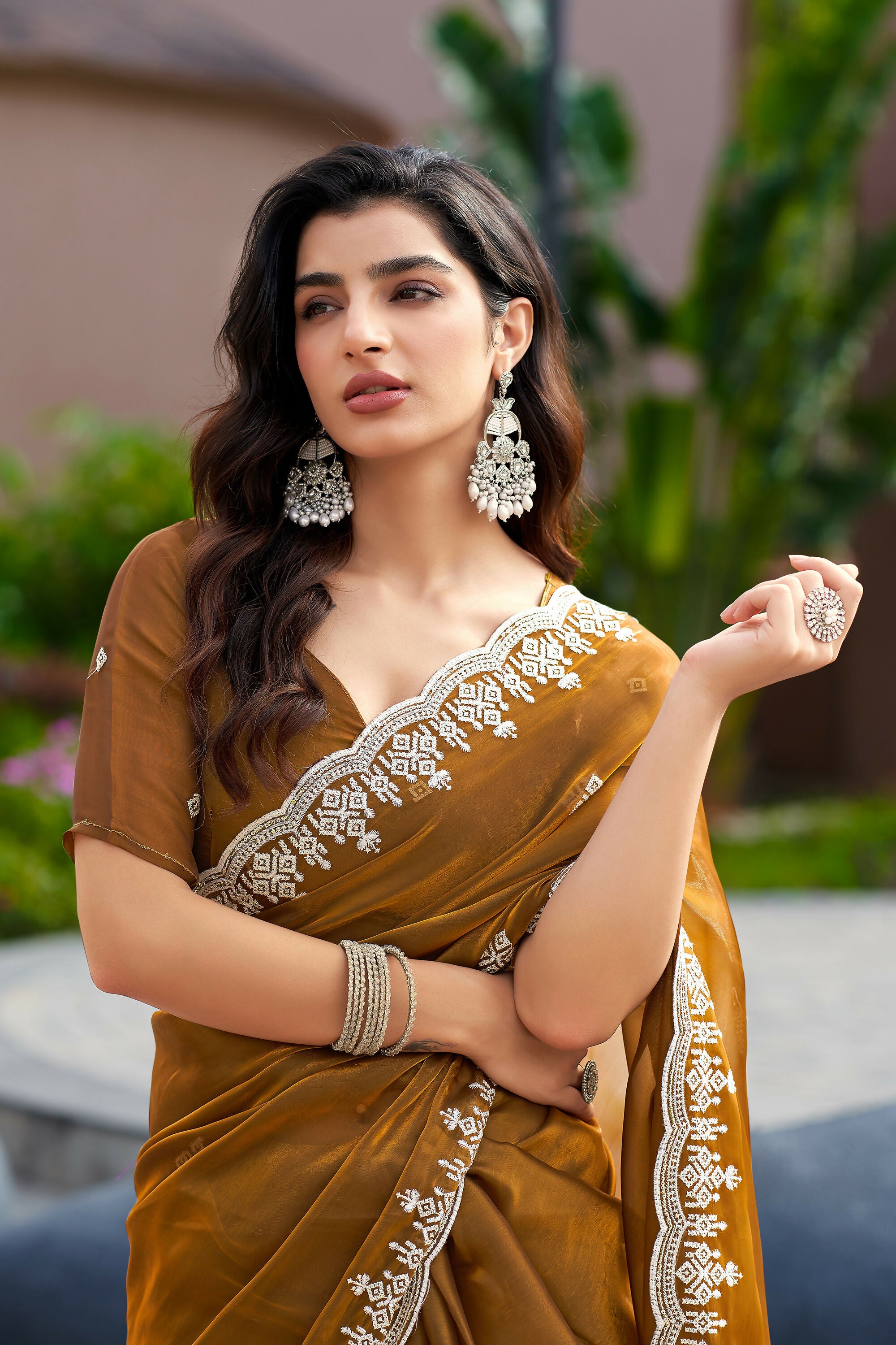 Vastranavya Brown Embroidery Work Shimmer Chiffon Saree with Unstitched Blouse