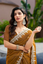 Thumbnail for Vastranavya Brown Embroidery Work Shimmer Chiffon Saree with Unstitched Blouse