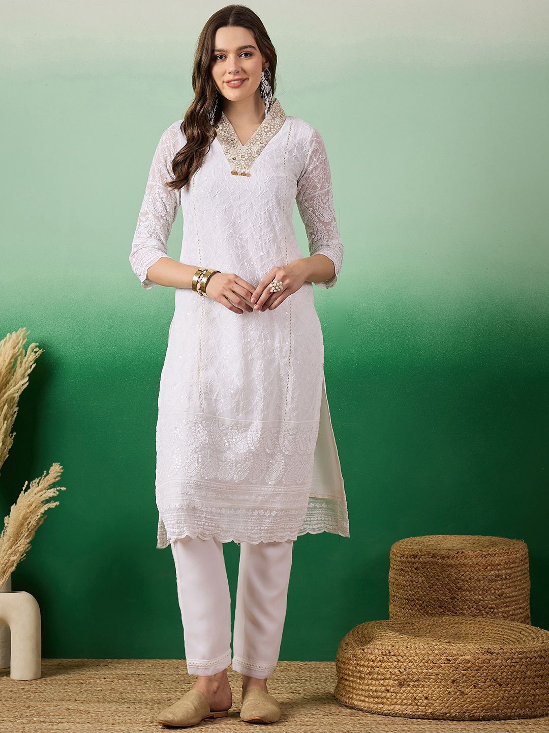 Sangria Women Embroidered Straight Kurta With Trouser Set - Distacart