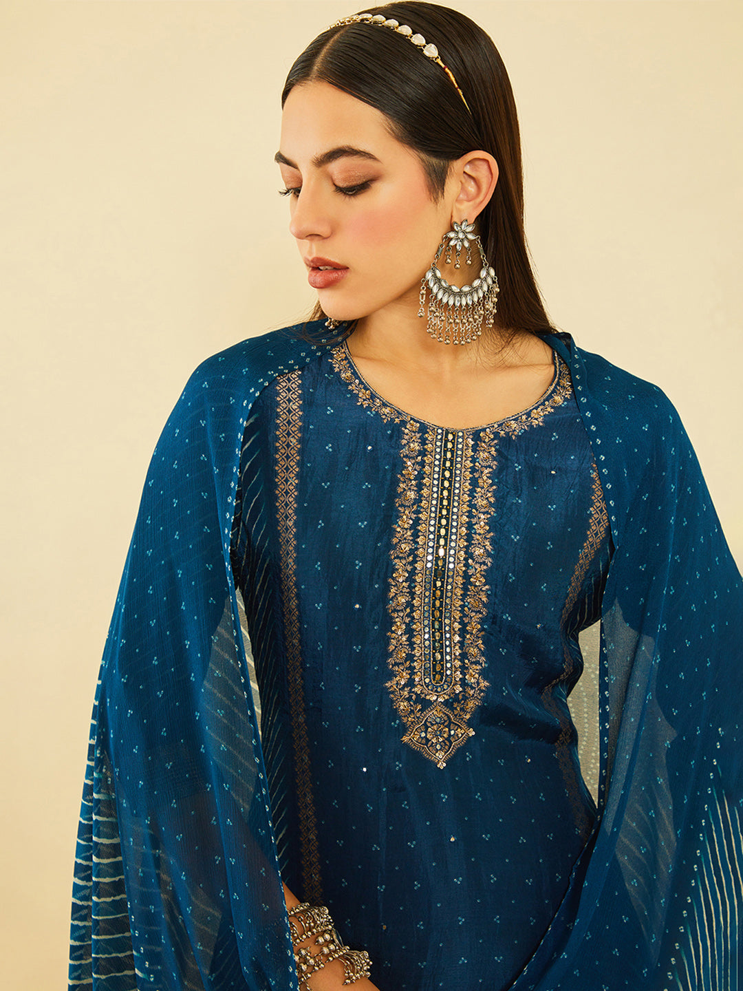 Soch Bandhani Printed Straight Kurta With Trousers & Dupatta - Distacart