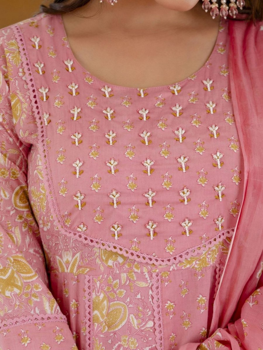 Anouk Women Floral Printed Panelled Aari Work Pure Cotton Kurta with Trousers & With Dupatta - Distacart