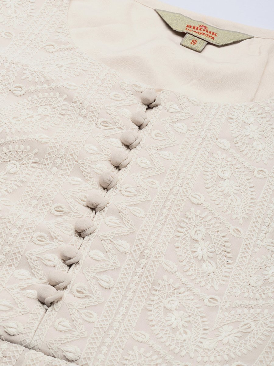 Anouk Women Off White Embroidered Sequined Panelled A-Line Kurta Palazzos & With Dupatta - Distacart