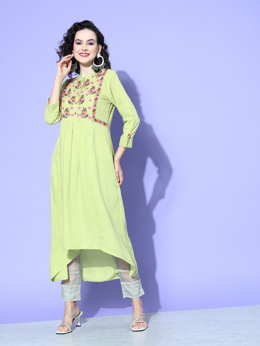 All About You Women Green Floral Embroidered Mirror Work Floral Anarkali Kurta - Distacart