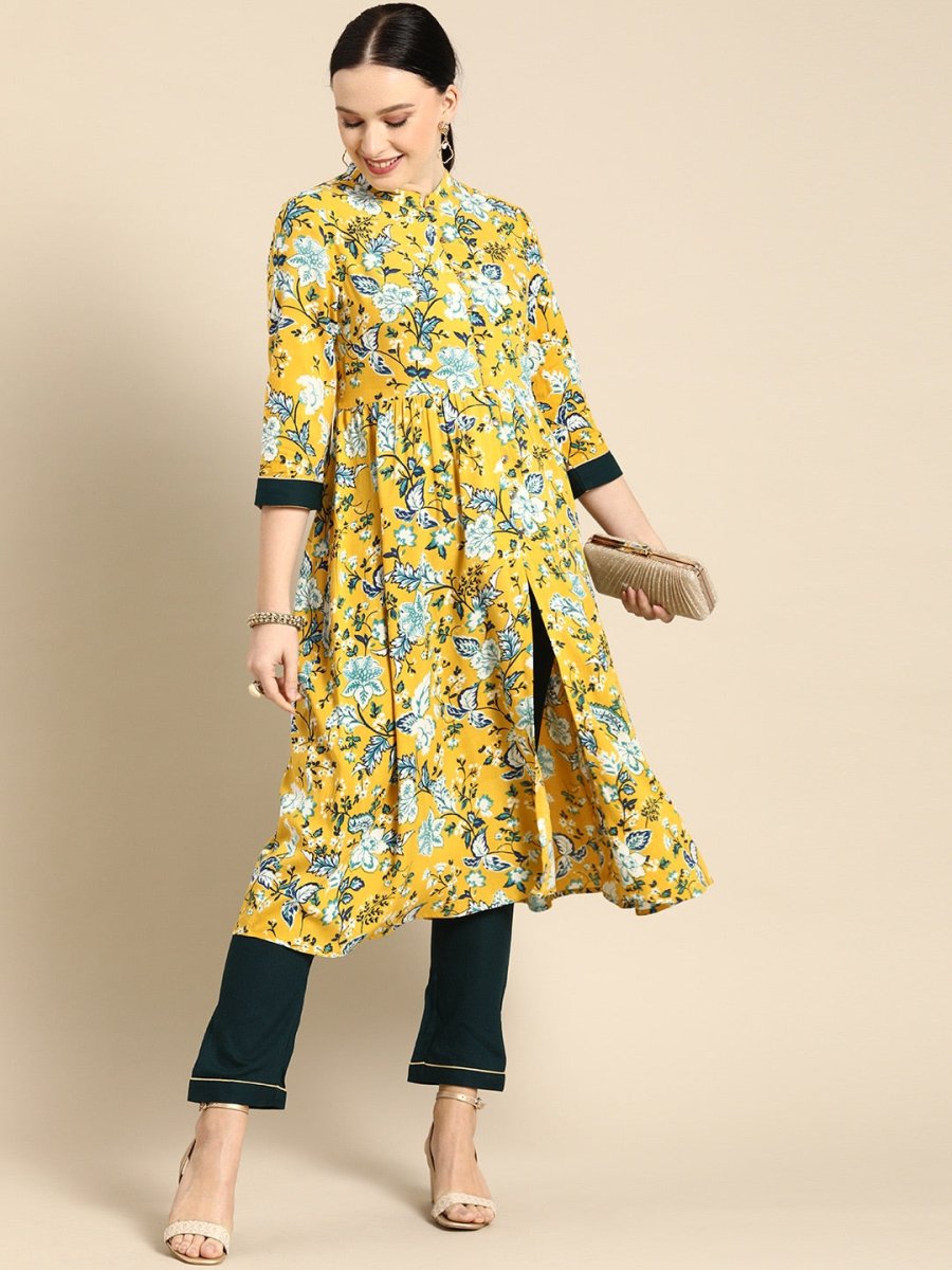 All About You Women Yellow Floral Print Regular Kurta with Trousers - Distacart