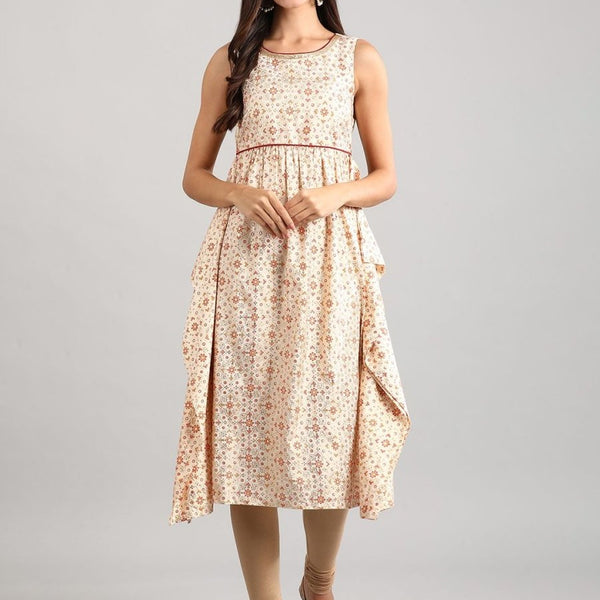 AURELIA Women Off-White & Rust Orange Side Flap Detail Printed Empire Dress - Distacart