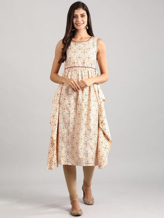 AURELIA Women Off-White & Rust Orange Side Flap Detail Printed Empire Dress - Distacart