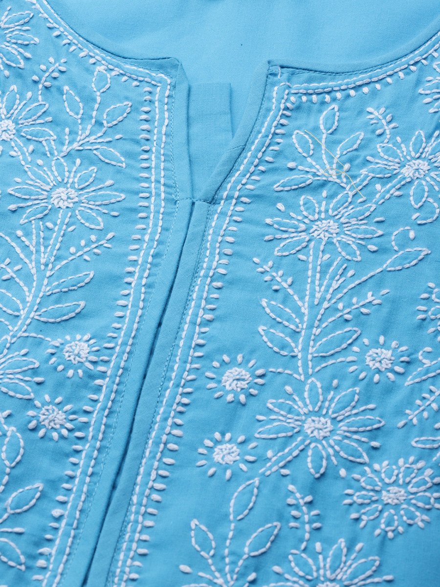ADA Women Blue & White Pure Cotton Chikankari Embroidered Kurta with Trousers - Distacart