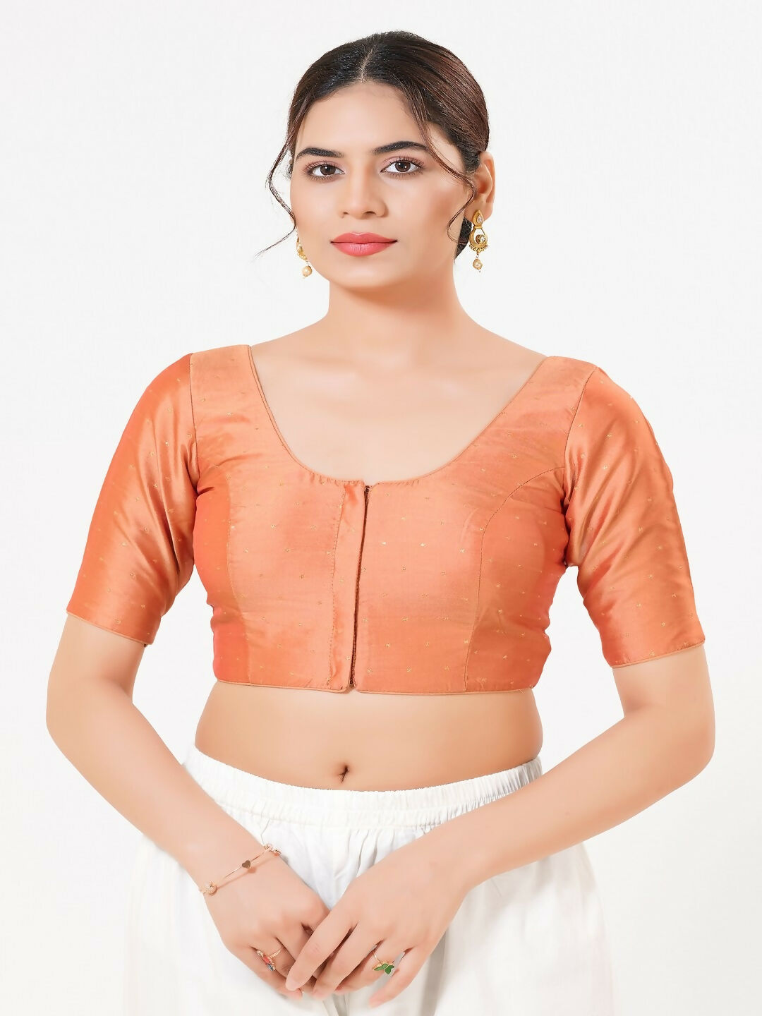 Joban Fashion Rose-Gold Taffeta Silk Elbow Sleeveless Front Open Blouse