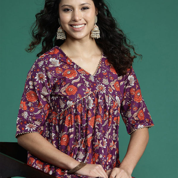 Sangria Floral Printed Gotta Patti Kurta - Distacart