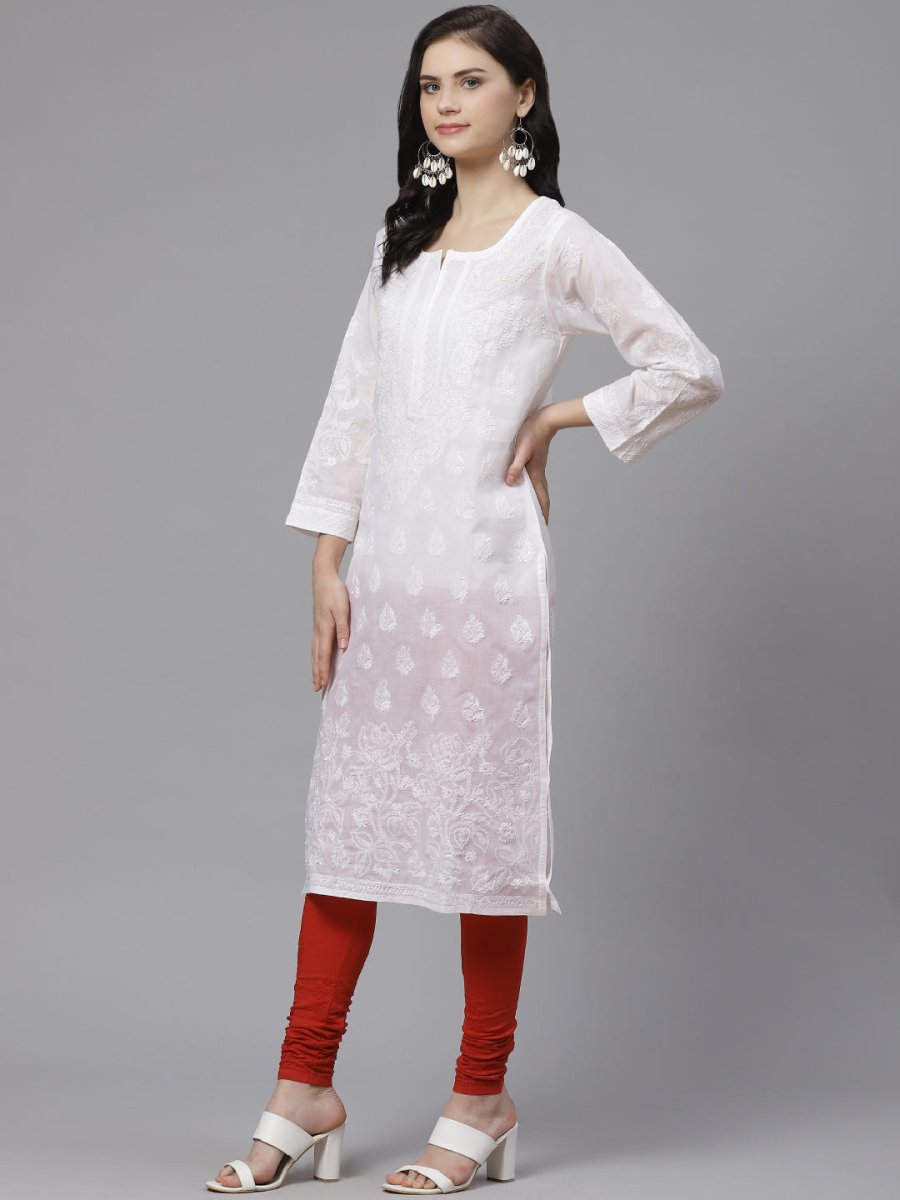 ADA Women White Chikankari Embroidered Sustainable Handloom Kurta with Churidar - Distacart