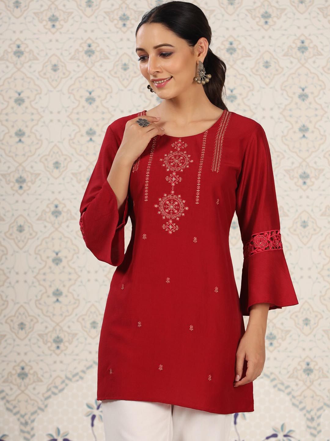 Ode by House of Pataudi Red Ethnic Motifs Embroidered Bell Sleeves Kurta - Distacart