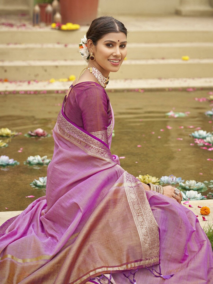 Anouk Lavender & Gold Toned Zari Tussar Silk Saree - Distacart