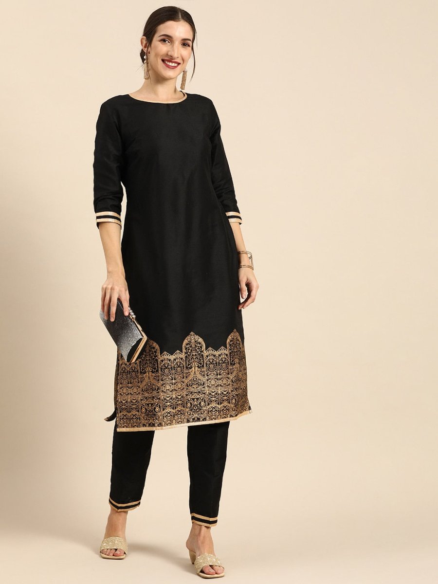 All About You Women Black & Gold Printed Regular Kurta with Trousers - Distacart