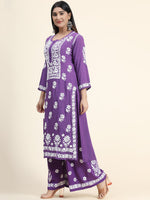 Thumbnail for HOUSE OF KARI Women Purple Floral Embroidered Chikankari Pure Cotton Kurta with Palazzos - Distacart
