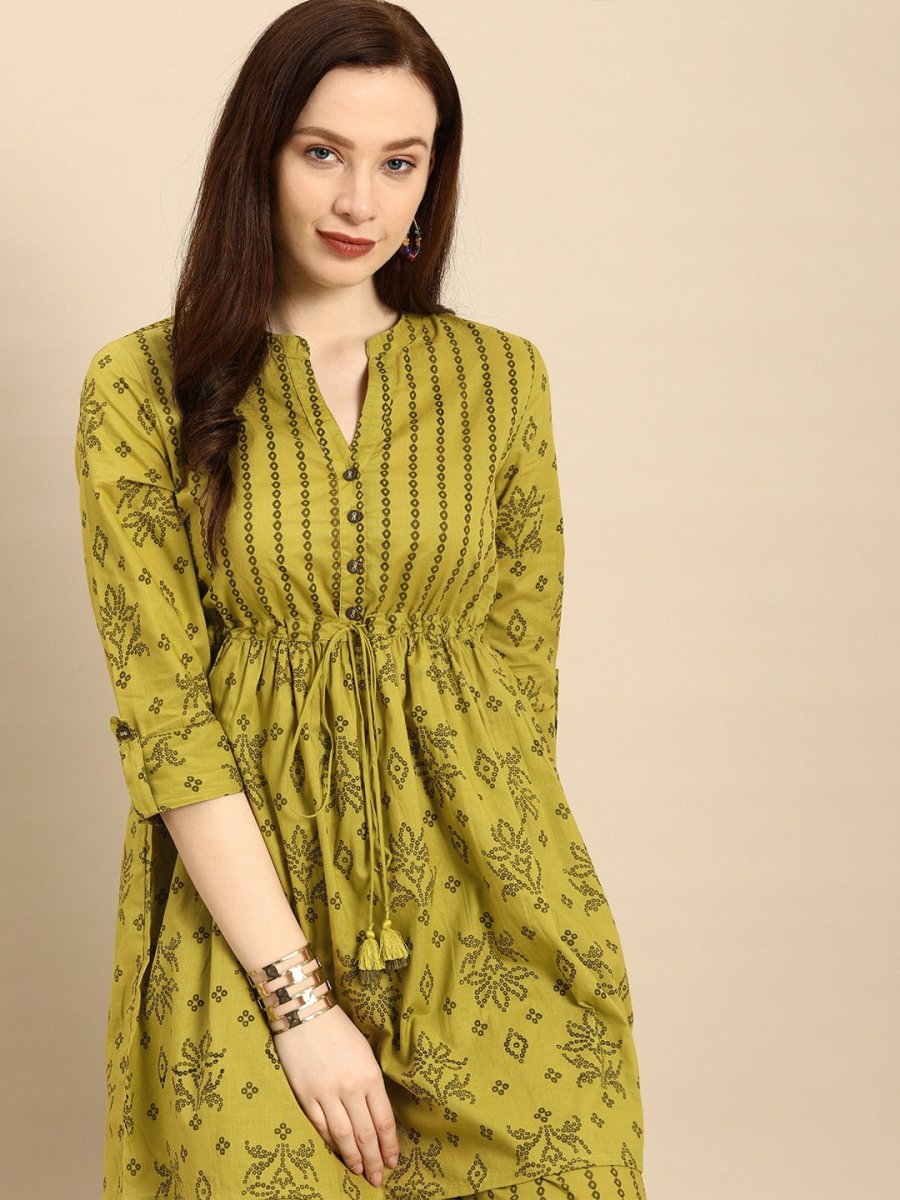 All About You Women Green Printed Pure Cotton Kurti with Palazzos - Distacart