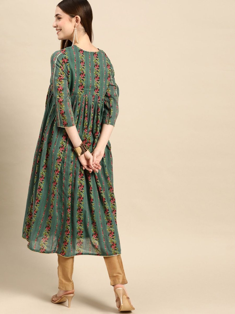 Anouk Women Green & Pink Pure Cotton Floral Printed Gotta Patti Floral Kurta - Distacart