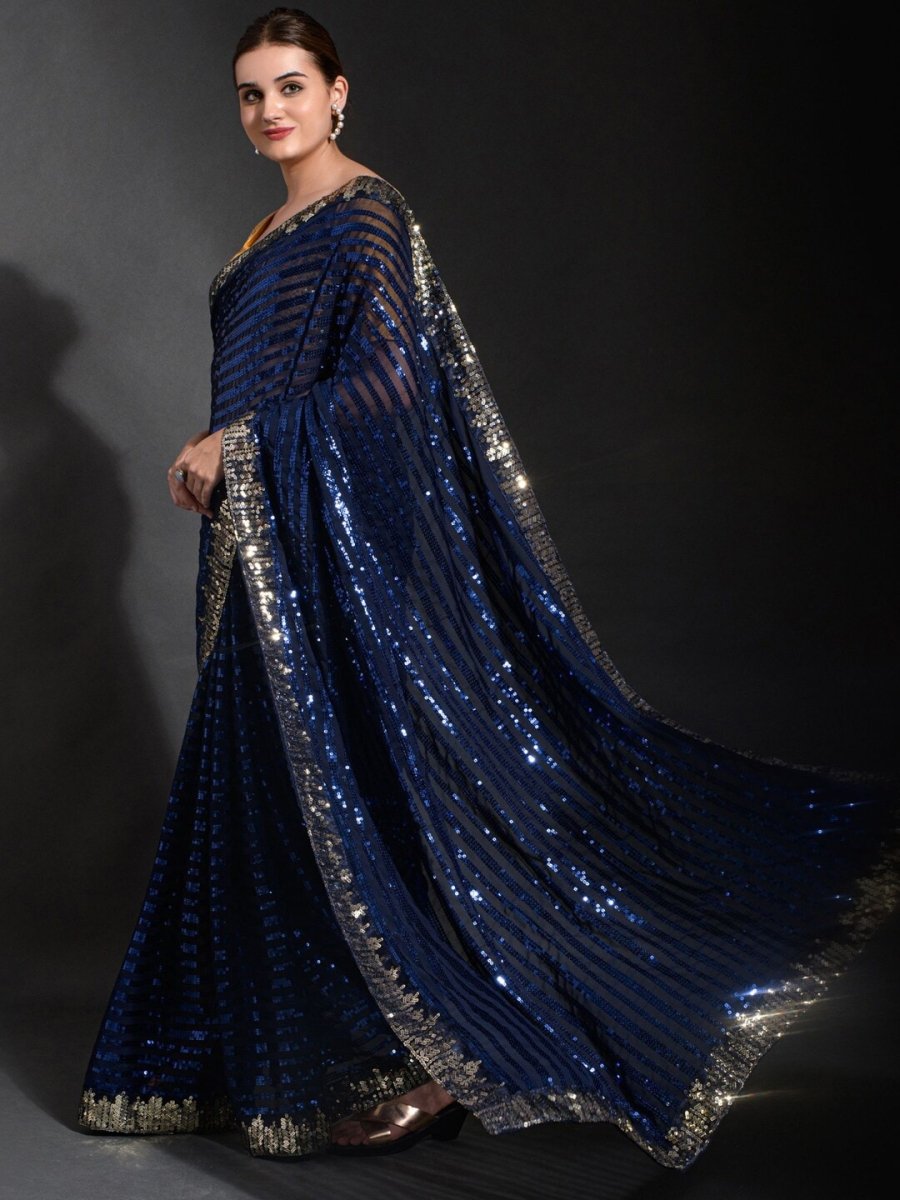 Anouk Navy Blue & Gold-Toned Embellished Sequinned Pure Georgette Saree - Distacart