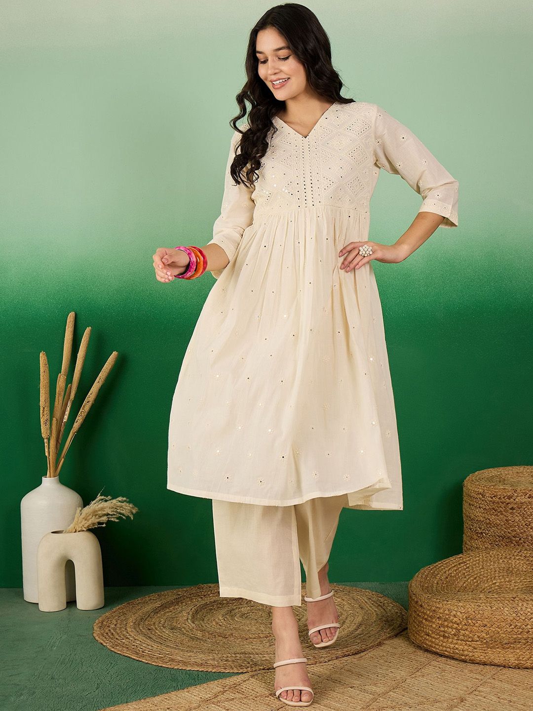 Sangria Off White Floral Embroidered Mirror Work Pure Cotton Anarkali Kurta Set - Distacart