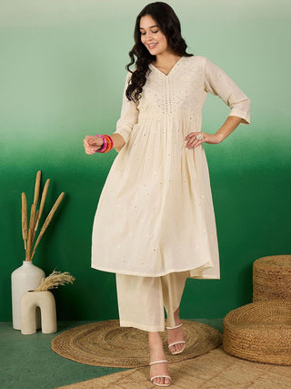 Sangria Off White Floral Embroidered Mirror Work Pure Cotton Anarkali Kurta Set - Distacart