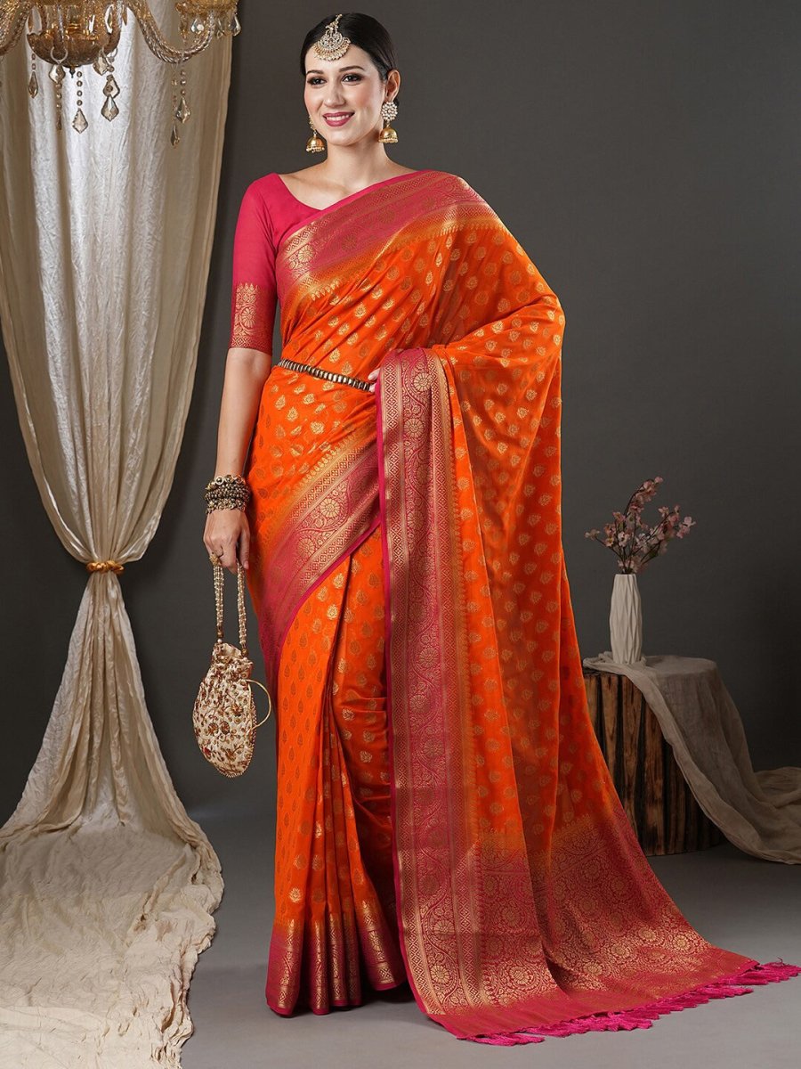 Anouk Orange & Pink Ethnic Motifs Woven Design Zari Pure Georgette Kanjeevaram Saree - Distacart