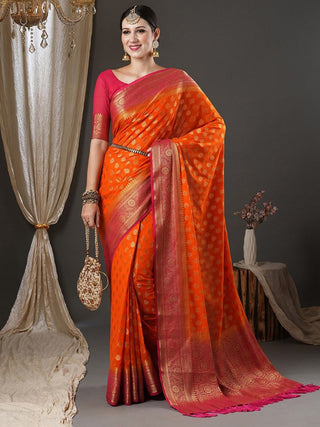 Anouk Orange & Pink Ethnic Motifs Woven Design Zari Pure Georgette Kanjeevaram Saree - Distacart