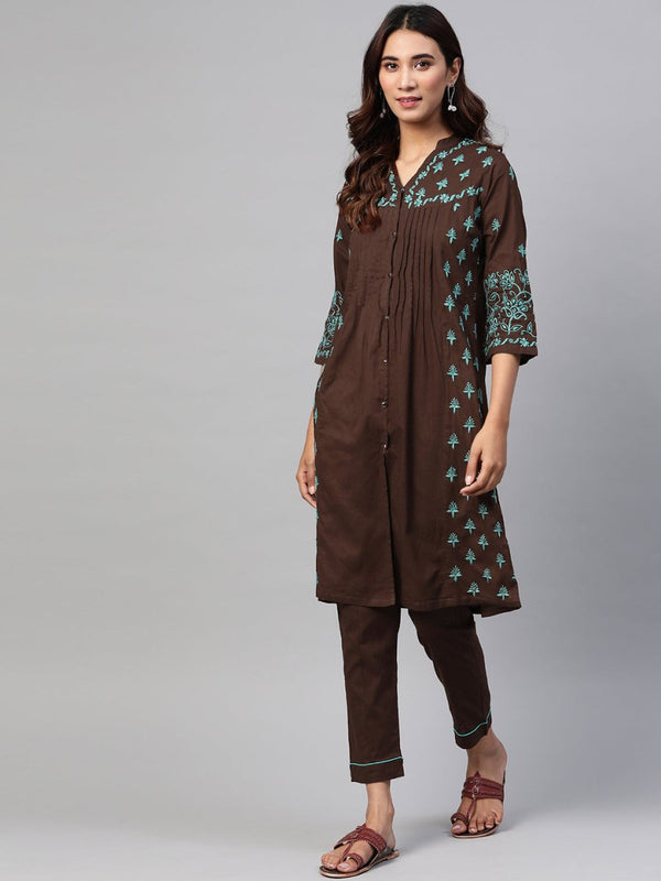 ADA Women Brown & Green Chikankari Embroidered Handloom Kurta with Trousers - Distacart