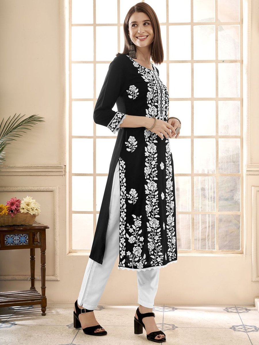 Anouk Floral Embroidered Round Neck Chikankari Straight Kurta