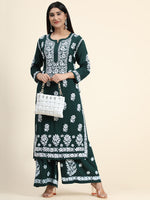 Thumbnail for HOUSE OF KARI Women Green Floral Embroidered Chikankari Kurta with Palazzos - Distacart