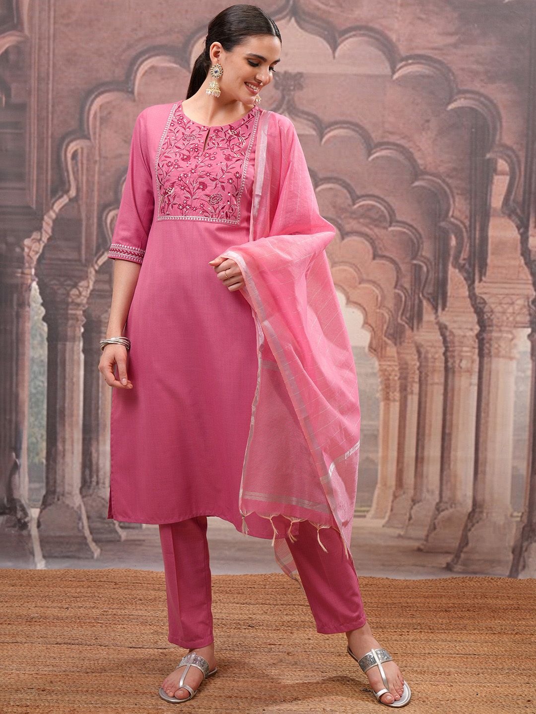 Vishudh Rose Embroidered Straight Kurta with Trouser & Dupatta - Distacart