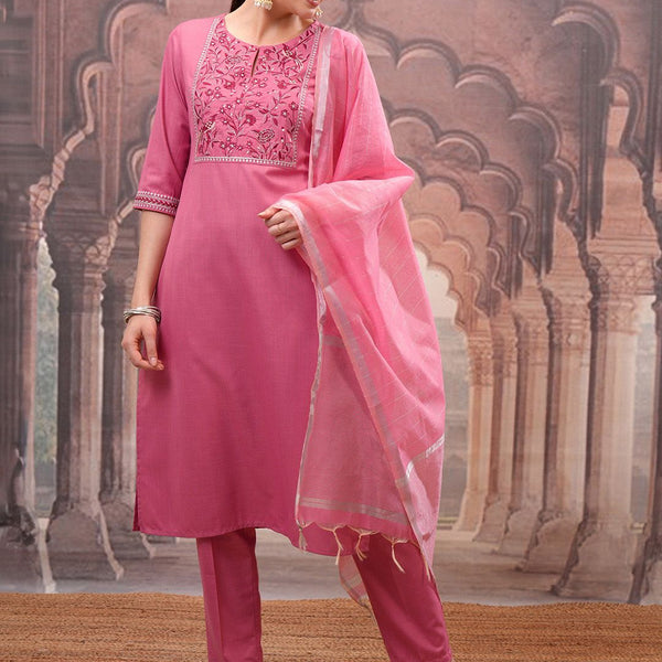 Vishudh Rose Embroidered Straight Kurta with Trouser & Dupatta - Distacart