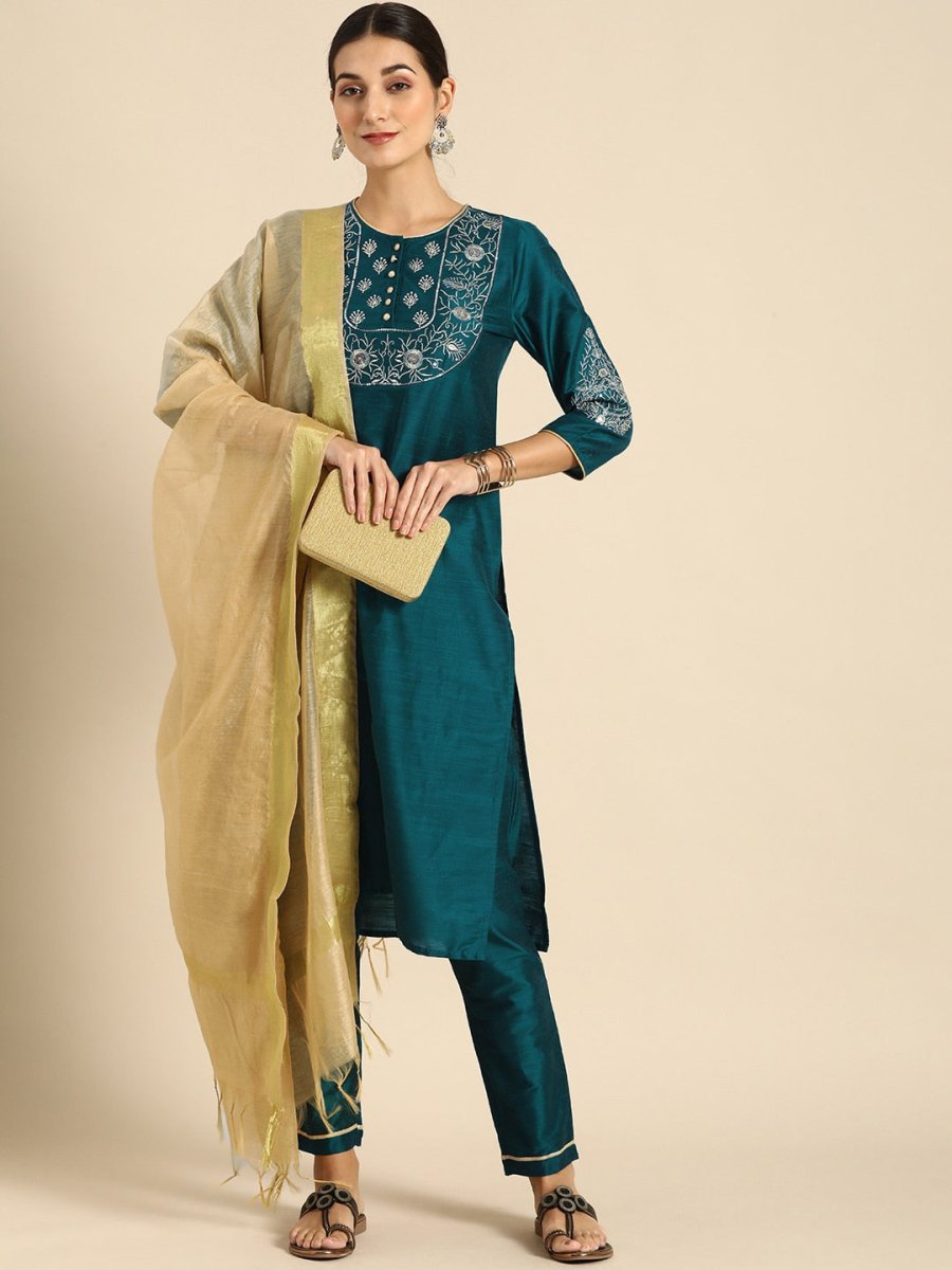 All About You Women Green & Gold-Toned Embroidered Sequinned Kurta with Trousers & Dupatta - Distacart