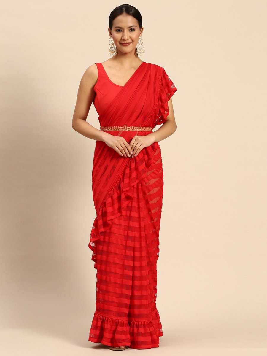 Ahalyaa Striped Net Ready To Wear Saree - Distacart