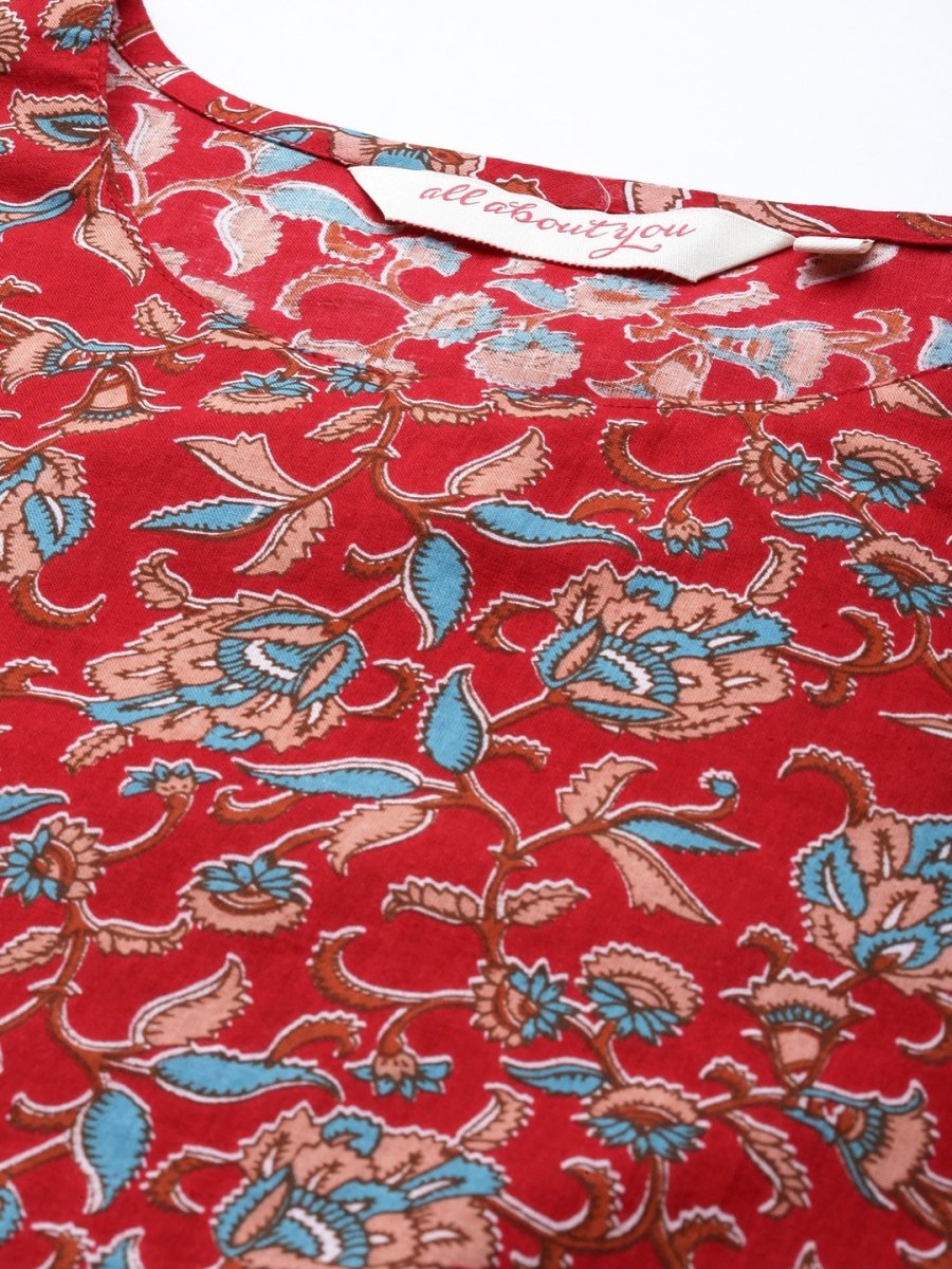 All About You Women Red Floral Printed Pure Cotton Kurta with Trousers - Distacart